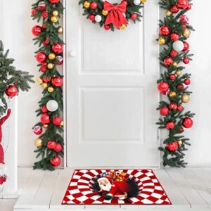 Illusion Christmas Door Mat Xmas Santa Claus with Gifts 3D Visual Vortex Red and White Plaid Rug for Christmas Front Door Non-Slip Welcome Entrance Door Mat Kitchen Home Bathroom Carpet Decorations