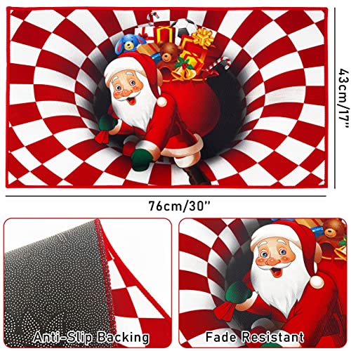 Illusion Christmas Door Mat Xmas Santa Claus with Gifts 3D Visual Vortex Red and White Plaid Rug for Christmas Front Door Non-Slip Welcome Entrance Door Mat Kitchen Home Bathroom Carpet Decorations