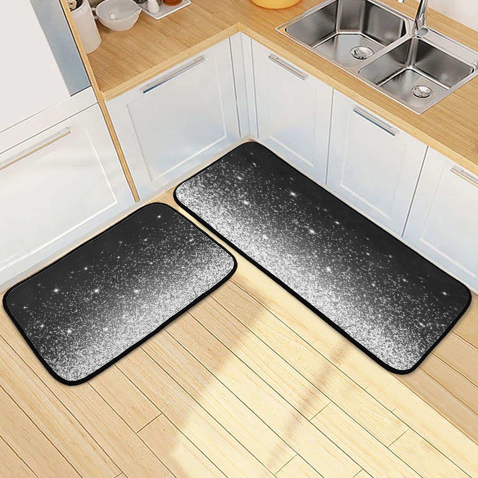 Black Bling Kitchen Rug Mats Shiny Glitter Floor Rugs Washable Non-Slip Carpet Area Comfortable Standing Mat for Bedroom Living Room Door Mat Decor