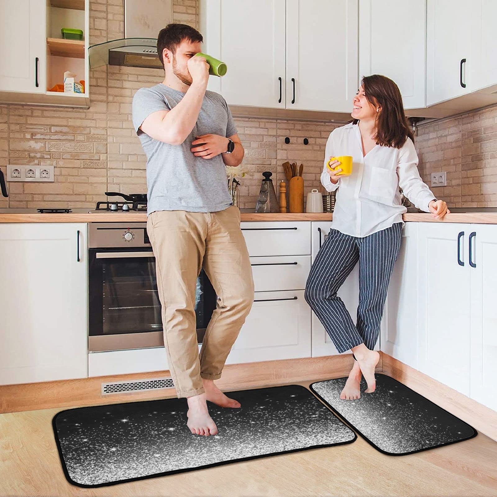 Black Bling Kitchen Rug Mats Shiny Glitter Floor Rugs Washable Non-Slip Carpet Area Comfortable Standing Mat for Bedroom Living Room Door Mat Decor