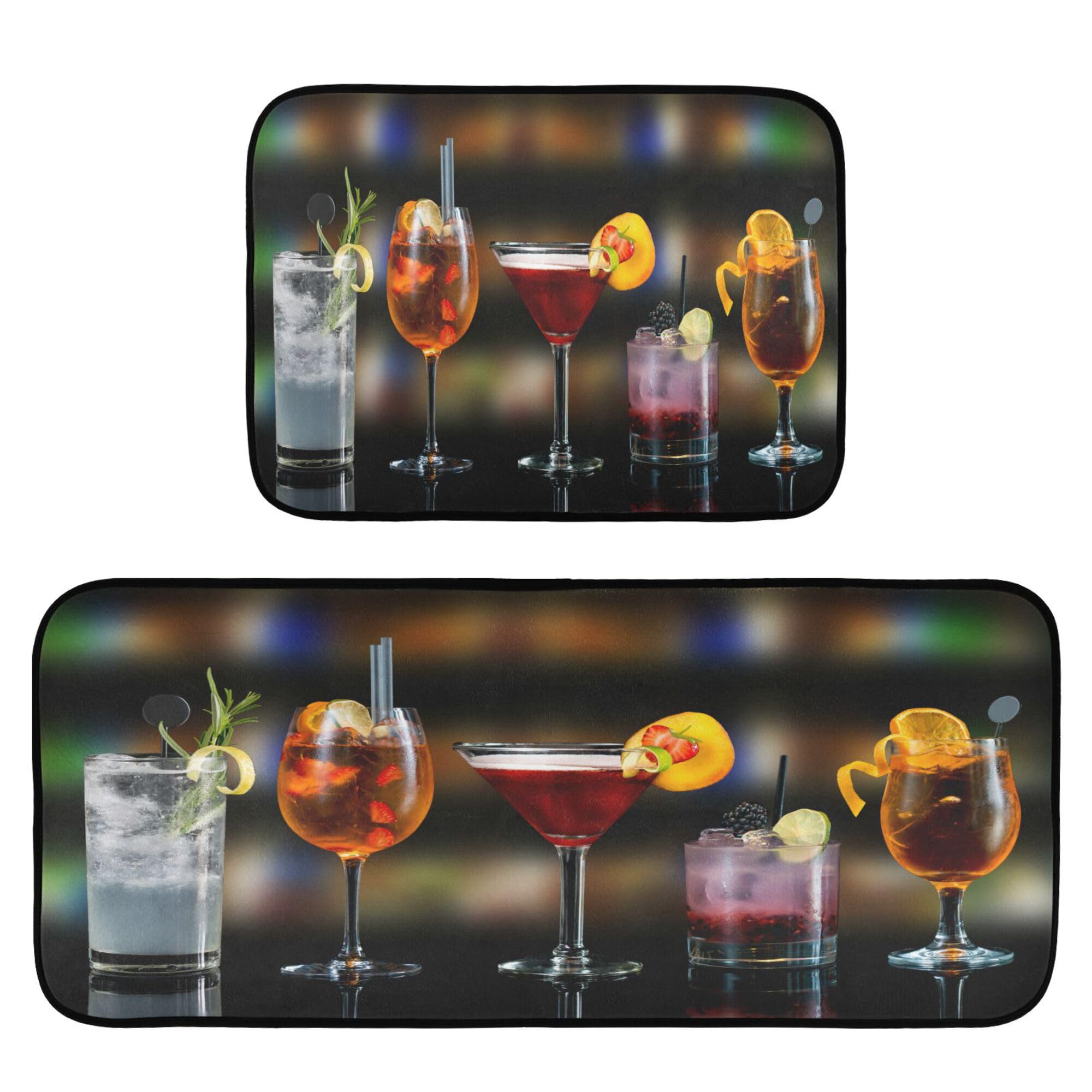 Cocktails Bar 2 Piece Kitchen Rugs and Mats Set Washable Runner Rug Carpets Set Bedroom Laundry Bathroom Area Rugs 19.7x47.2+19.7x27.6 Martini Spritz Bramble Gin Tonic