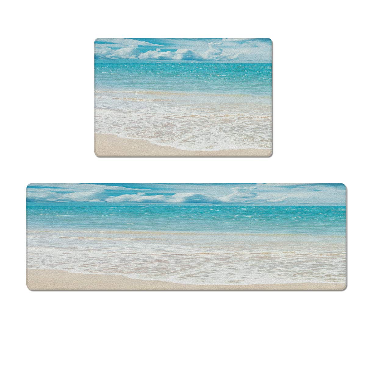 ARTSHOWING Ocean Themed Kitchen Rugs Anti Fatigue Mat Set of 2 PVC Waterproof Oil Proof Non Slip Cushioned Floor Mats Kitchen Rugs and Mats for Sink Laundry Area Rug Carpet Blue Sky White Cloud Beach