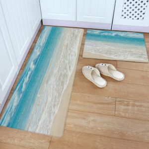 ARTSHOWING Ocean Themed Kitchen Rugs Anti Fatigue Mat Set of 2 PVC Waterproof Oil Proof Non Slip Cushioned Floor Mats Kitchen Rugs and Mats for Sink Laundry Area Rug Carpet Blue Sky White Cloud Beach