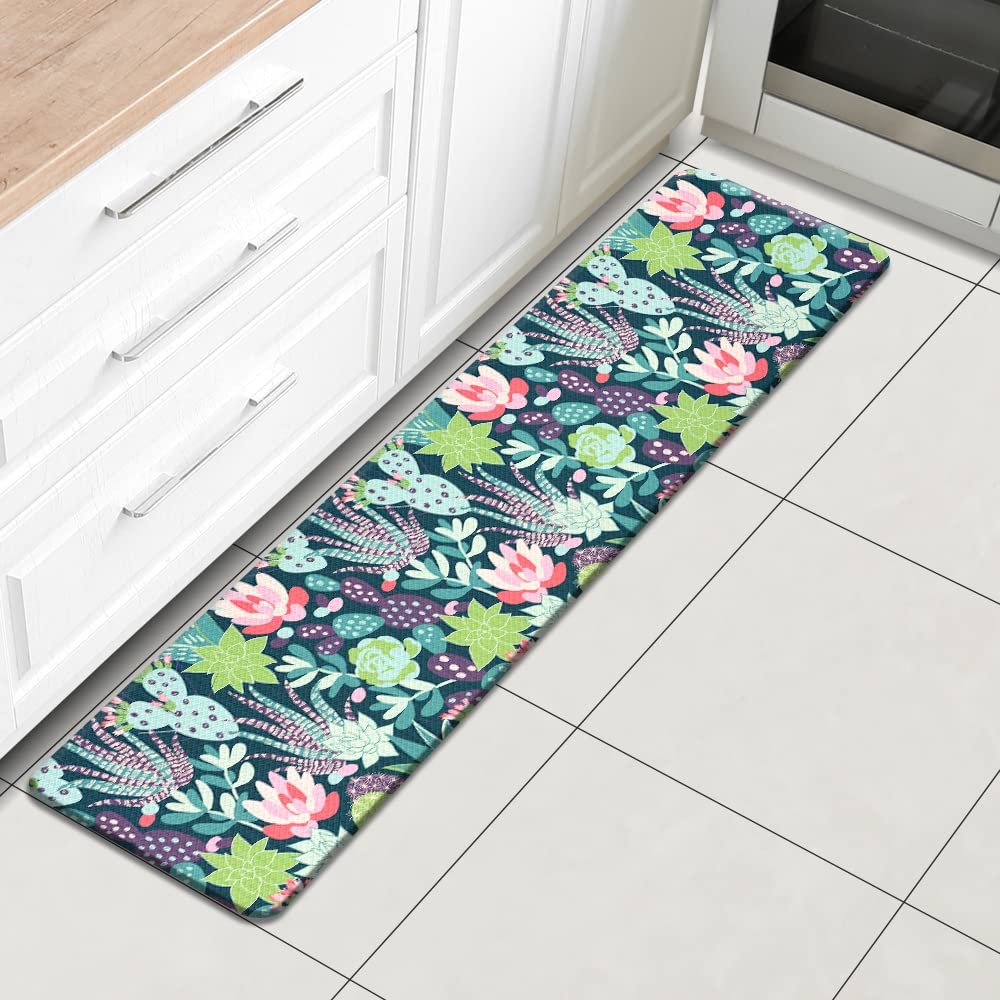 QiyI Floor Comfort Mat 1 Piece Green Succulent Kitchen Rug Waterproof Laundry Standing Runner Non Skid Washable Doormat Anti Fatigue Foam Cushioned Sink Rug 17" W x 71" L - Multicolor Cactus Flowers