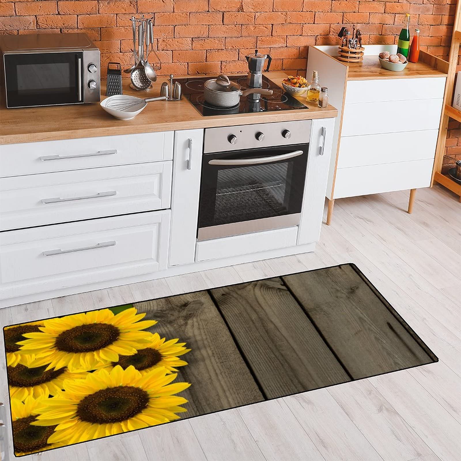 TsyTma Kitchen Rugs Sunflowers Fence Non-Slip Soft Kitchen Mats Flower on Wood Bath Rug Runner Doormats Carpet for Home Decor, 39" X 20"