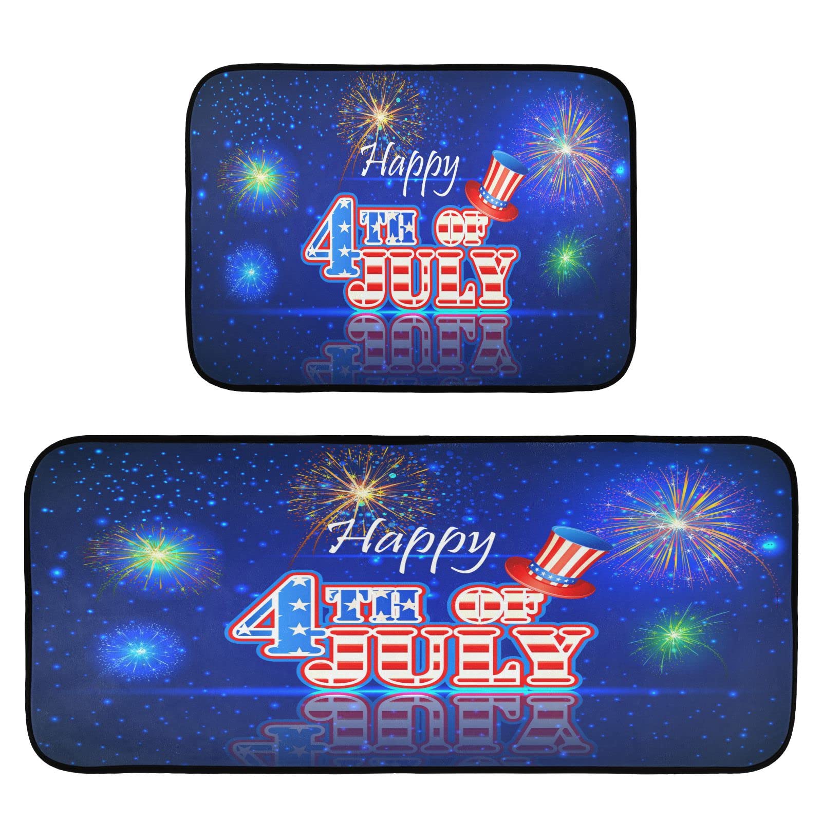 Independence Day July 4th Kitchen Rug Mats 2PCS Non Slip 47" x 20" + 28" x 20" Kitchen Carpet Floor Mat Hallway Rugs Anti Fatigue Doormat