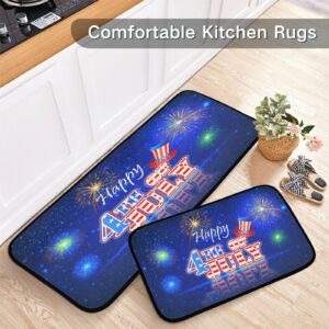 Independence Day July 4th Kitchen Rug Mats 2PCS Non Slip 47" x 20" + 28" x 20" Kitchen Carpet Floor Mat Hallway Rugs Anti Fatigue Doormat