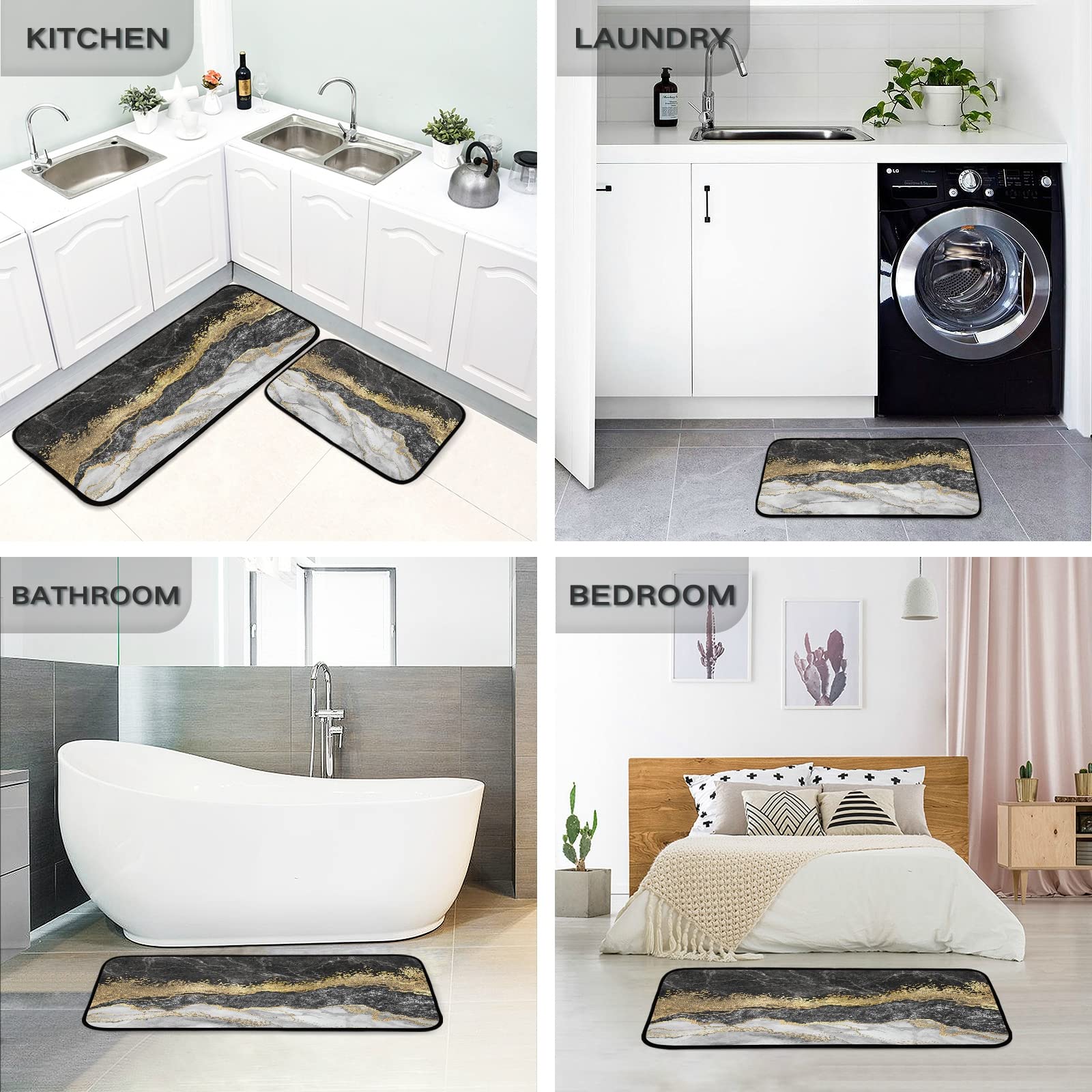 Kitchen Mats Rugs 2 Piece Set Bath Mat Antifatigue Cushioned Gold Black Marble for Floor Washable Non Slip