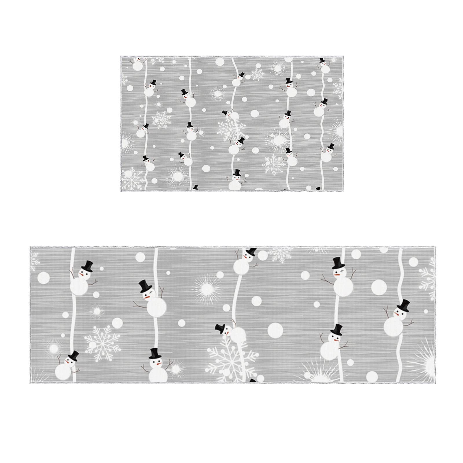 Merry Chirstmas Kitchen Rugs Sets 2 Piece Floor Mats Cute Xmas Snowman Snowflake Snow Grey Doormat Non-Slip Rubber Backing Area Rugs Carpet Inside Door Mat Pad Sets-15.7" x 23.6"+15.7" x 47.2"