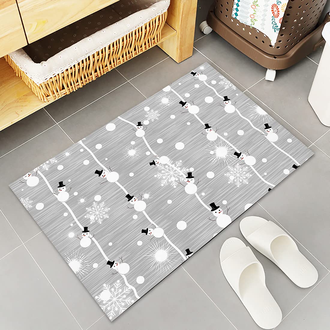 Merry Chirstmas Kitchen Rugs Sets 2 Piece Floor Mats Cute Xmas Snowman Snowflake Snow Grey Doormat Non-Slip Rubber Backing Area Rugs Carpet Inside Door Mat Pad Sets-15.7" x 23.6"+15.7" x 47.2"