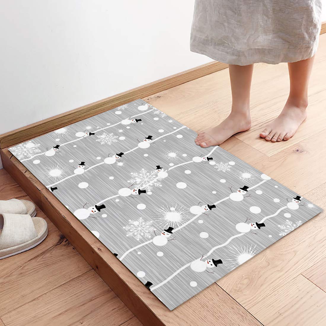 Merry Chirstmas Kitchen Rugs Sets 2 Piece Floor Mats Cute Xmas Snowman Snowflake Snow Grey Doormat Non-Slip Rubber Backing Area Rugs Carpet Inside Door Mat Pad Sets-15.7" x 23.6"+15.7" x 47.2"