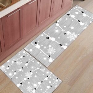 Merry Chirstmas Kitchen Rugs Sets 2 Piece Floor Mats Cute Xmas Snowman Snowflake Snow Grey Doormat Non-Slip Rubber Backing Area Rugs Carpet Inside Door Mat Pad Sets-15.7" x 23.6"+15.7" x 47.2"