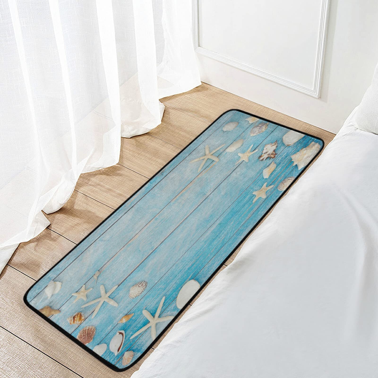 Starfish Ocean Beach Kitchen Rugs and Mats Non-Slip Anti Fatigue Washable Seashell Coastal Wooden Rustic Kitchen Rugs Under Sink Floor Mat for Bathroom Carpet Doormat 39 X 20 Inch…