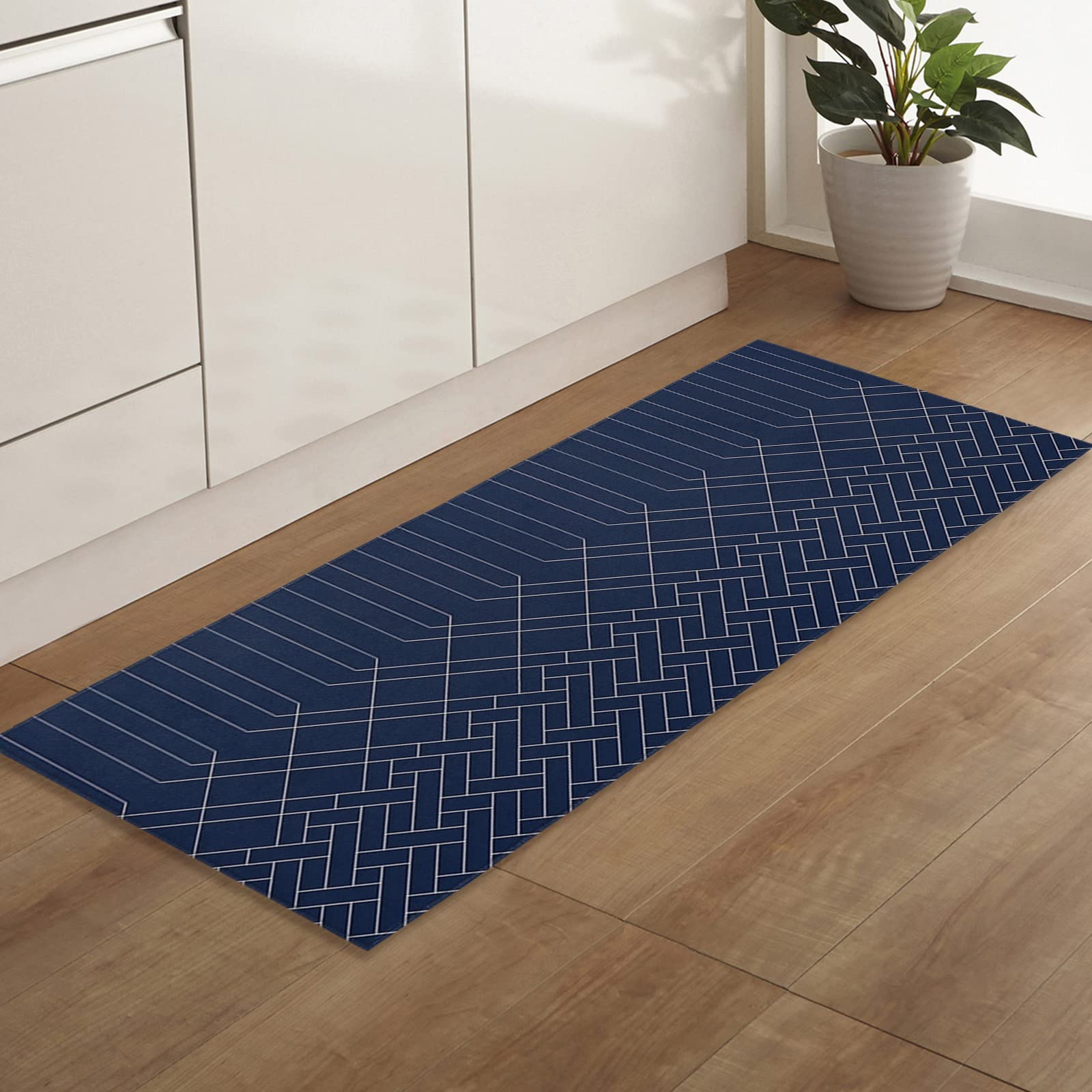 Navy Blue Kitchen Rug Abstract Minimalistic Geometric Stripes Water-Absorbing Runner Carpet Area Mat for Bedroom Bathroom Indoor Use Rubber Backing Accent Throw Low Pile Washable 18x59