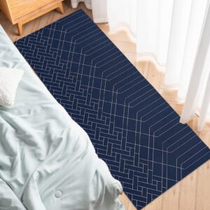 Navy Blue Kitchen Rug Abstract Minimalistic Geometric Stripes Water-Absorbing Runner Carpet Area Mat for Bedroom Bathroom Indoor Use Rubber Backing Accent Throw Low Pile Washable 18x59