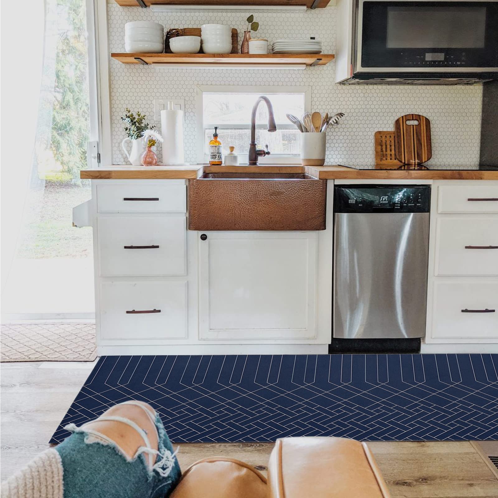 Navy Blue Kitchen Rug Abstract Minimalistic Geometric Stripes Water-Absorbing Runner Carpet Area Mat for Bedroom Bathroom Indoor Use Rubber Backing Accent Throw Low Pile Washable 18x59