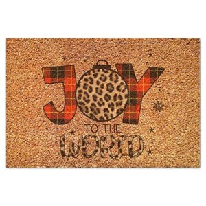 Joy to The World Coir Door Mat Merry and Bright Rug Buffalo Plaid Leopard Christmas Funny Thick Durable Non Slip Mat for Indoor Outdoor Porch Home Entryway 24x36in