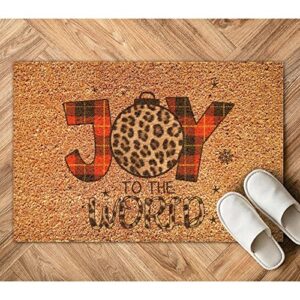 Joy to The World Coir Door Mat Merry and Bright Rug Buffalo Plaid Leopard Christmas Funny Thick Durable Non Slip Mat for Indoor Outdoor Porch Home Entryway 24x36in