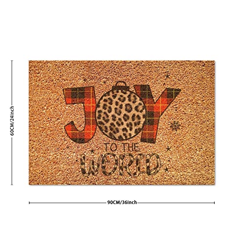 Joy to The World Coir Door Mat Merry and Bright Rug Buffalo Plaid Leopard Christmas Funny Thick Durable Non Slip Mat for Indoor Outdoor Porch Home Entryway 24x36in