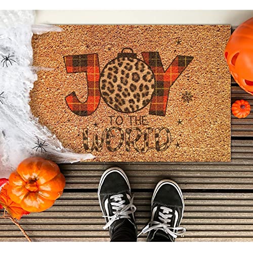 Joy to The World Coir Door Mat Merry and Bright Rug Buffalo Plaid Leopard Christmas Funny Thick Durable Non Slip Mat for Indoor Outdoor Porch Home Entryway 24x36in