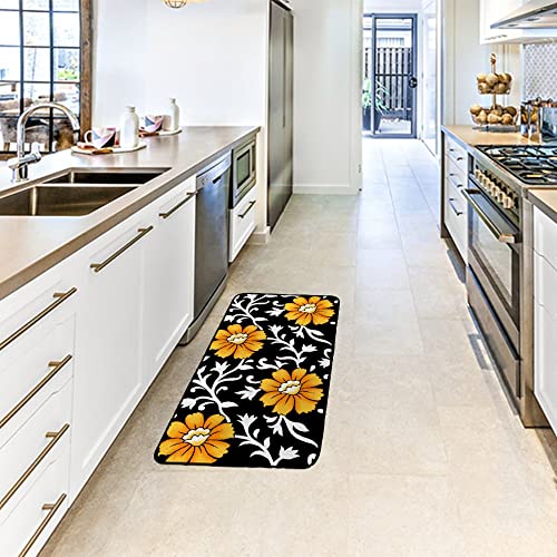 Kitchen Mat Rug Comfort Standing Mat Sunflower Floral Black Soft Absorbent Runner Rug for Hallway Entryway Bathroom 39x20 inch