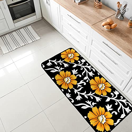 Kitchen Mat Rug Comfort Standing Mat Sunflower Floral Black Soft Absorbent Runner Rug for Hallway Entryway Bathroom 39x20 inch