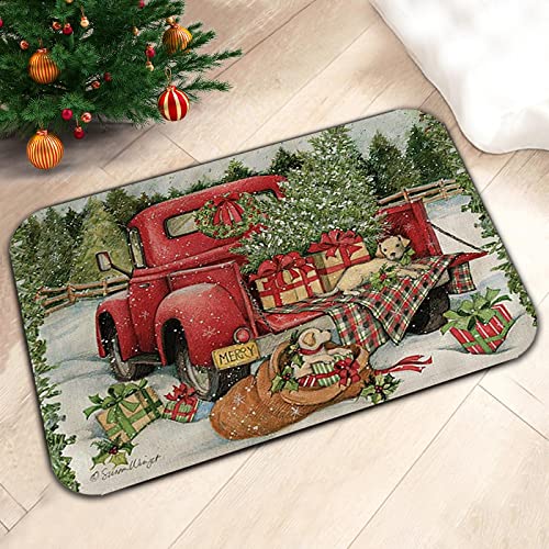 Red Truck Christmas Tree Rug:Anti-Slip Washable Christmas Truck Doormat,Christmas Kitchen Mat Suitable for Bedroom Bathroom Kitchen Mat Holiday Decoration (Truck Christmas Tree 6, 60X90cm)