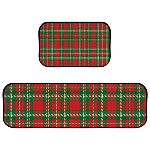 Vantaso Kitchen Floor Mat Rug Tartan Check Christmas Plaid Set of 2 Cushioned Non-Slip Comfort Runner Rugs