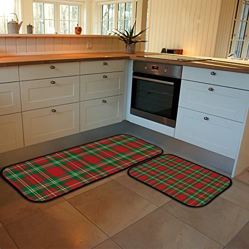 Vantaso Kitchen Floor Mat Rug Tartan Check Christmas Plaid Set of 2 Cushioned Non-Slip Comfort Runner Rugs