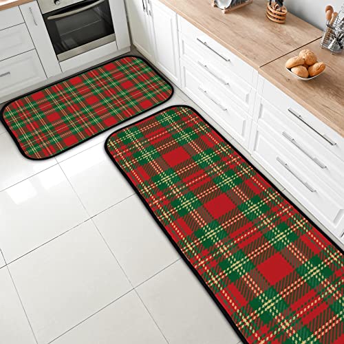 Vantaso Kitchen Floor Mat Rug Tartan Check Christmas Plaid Set of 2 Cushioned Non-Slip Comfort Runner Rugs