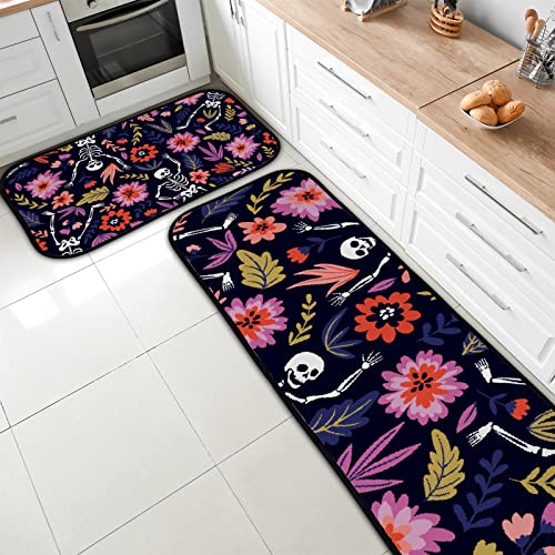 Vantaso Kitchen Floor Mat Rug Floral Halloween Set of 2 Cushioned Non-Slip Comfort Runner Rugs