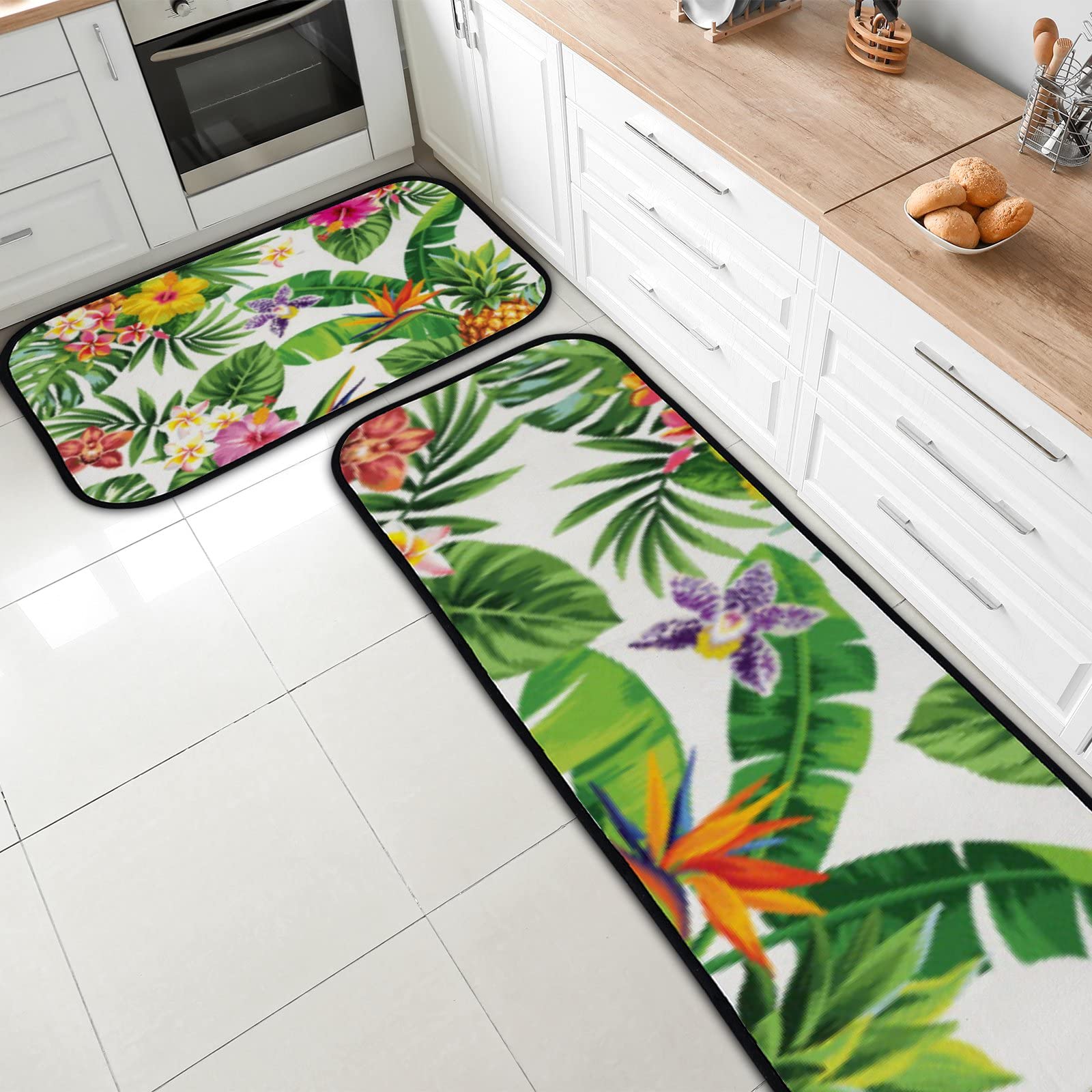 Vantaso Kitchen Floor Mat Rug Tropical Pineapples Palm Flowers Set of 2 Cushioned Non-Slip Comfort Runner Rugs