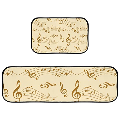 Vantaso Kitchen Floor Mat Rug Beige Wavy Music Notes Set of 2 Cushioned Non-Slip Comfort Runner Rugs