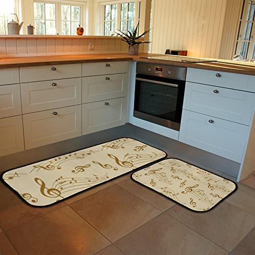 Vantaso Kitchen Floor Mat Rug Beige Wavy Music Notes Set of 2 Cushioned Non-Slip Comfort Runner Rugs