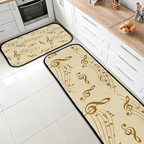 Vantaso Kitchen Floor Mat Rug Beige Wavy Music Notes Set of 2 Cushioned Non-Slip Comfort Runner Rugs