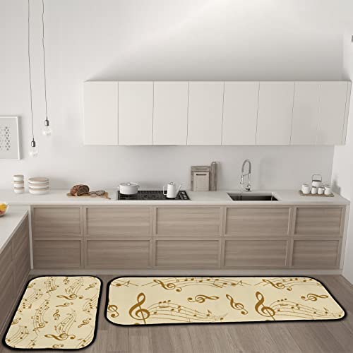 Vantaso Kitchen Floor Mat Rug Beige Wavy Music Notes Set of 2 Cushioned Non-Slip Comfort Runner Rugs