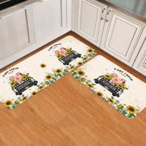 loopop bright yellow sunflower kitchen mats for floor cushioned anti fatigue 2 piece set kitchen runner rugs non skid washable farmhouse pig and truck 15.7x23.6+15.7x47.2