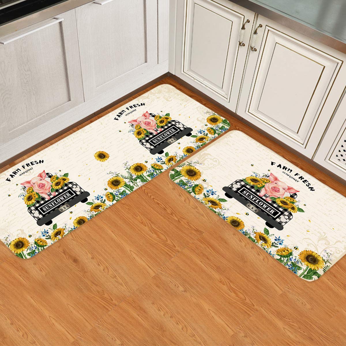 LooPoP Bright Yellow Sunflower Kitchen Mats for Floor Cushioned Anti Fatigue 2 Piece Set Kitchen Runner Rugs Non Skid Washable Farmhouse Pig and Truck 15.7x23.6+15.7x47.2