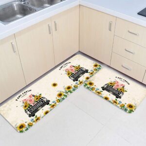 LooPoP Bright Yellow Sunflower Kitchen Mats for Floor Cushioned Anti Fatigue 2 Piece Set Kitchen Runner Rugs Non Skid Washable Farmhouse Pig and Truck 15.7x23.6+15.7x47.2