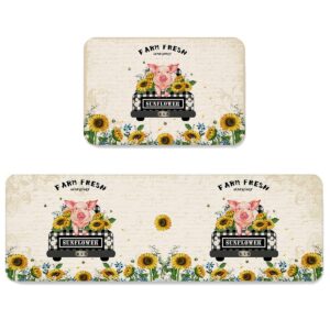 LooPoP Bright Yellow Sunflower Kitchen Mats for Floor Cushioned Anti Fatigue 2 Piece Set Kitchen Runner Rugs Non Skid Washable Farmhouse Pig and Truck 15.7x23.6+15.7x47.2