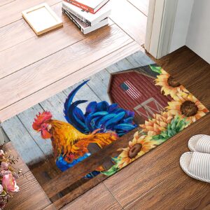 door mat for bedroom decor, farm chicken and sunflowers in the red barn floor mats, holiday rugs for living room, absorbent non-slip bathroom rugs home decor kitchen mat area rug 18x30 inch