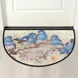 Blue Bird Branch Half Round Door Mat, Non-Slip Welcome Entrance Way Rug, Rubber Door Mats, 24 x 36 Wear Resistant Semi Circle Floor Mats Area Rugs for Home Kitchen Patio