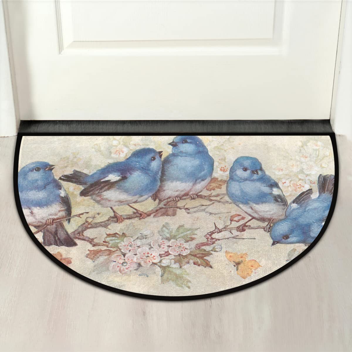 Blue Bird Branch Half Round Door Mat, Non-Slip Welcome Entrance Way Rug, Rubber Door Mats, 24 x 36 Wear Resistant Semi Circle Floor Mats Area Rugs for Home Kitchen Patio