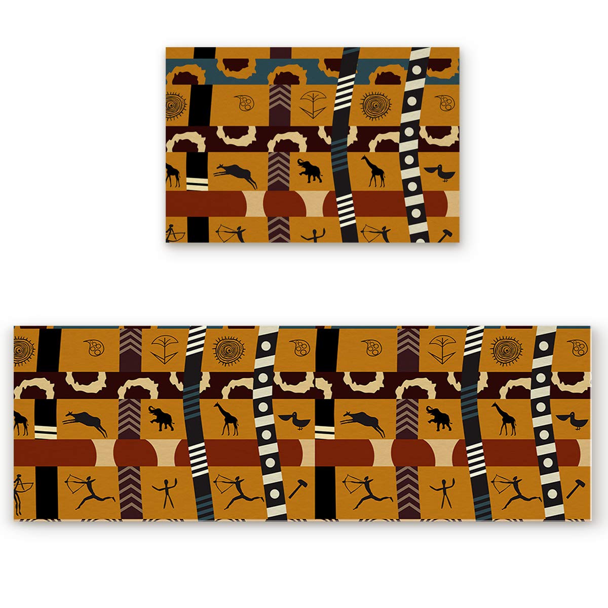 LEO BON Kitchen Rugs Set of 2 Comfort Floor Mats African Style Tribe Print Machine Washable Carpet for Kitchen Floor, Entryway, Hallway and Dining Room