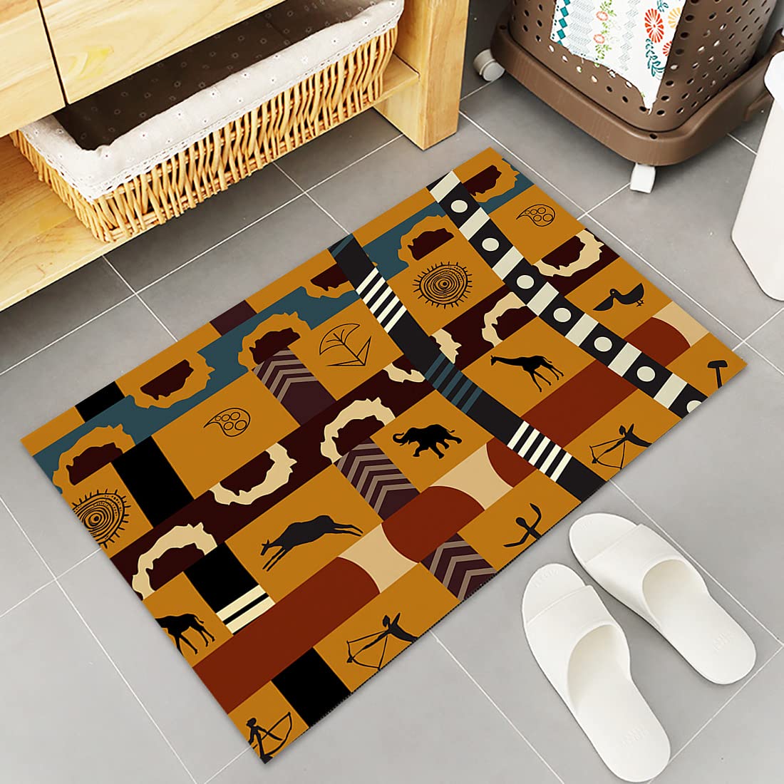 LEO BON Kitchen Rugs Set of 2 Comfort Floor Mats African Style Tribe Print Machine Washable Carpet for Kitchen Floor, Entryway, Hallway and Dining Room