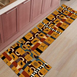 LEO BON Kitchen Rugs Set of 2 Comfort Floor Mats African Style Tribe Print Machine Washable Carpet for Kitchen Floor, Entryway, Hallway and Dining Room