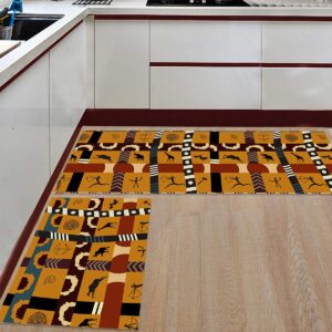 LEO BON Kitchen Rugs Set of 2 Comfort Floor Mats African Style Tribe Print Machine Washable Carpet for Kitchen Floor, Entryway, Hallway and Dining Room