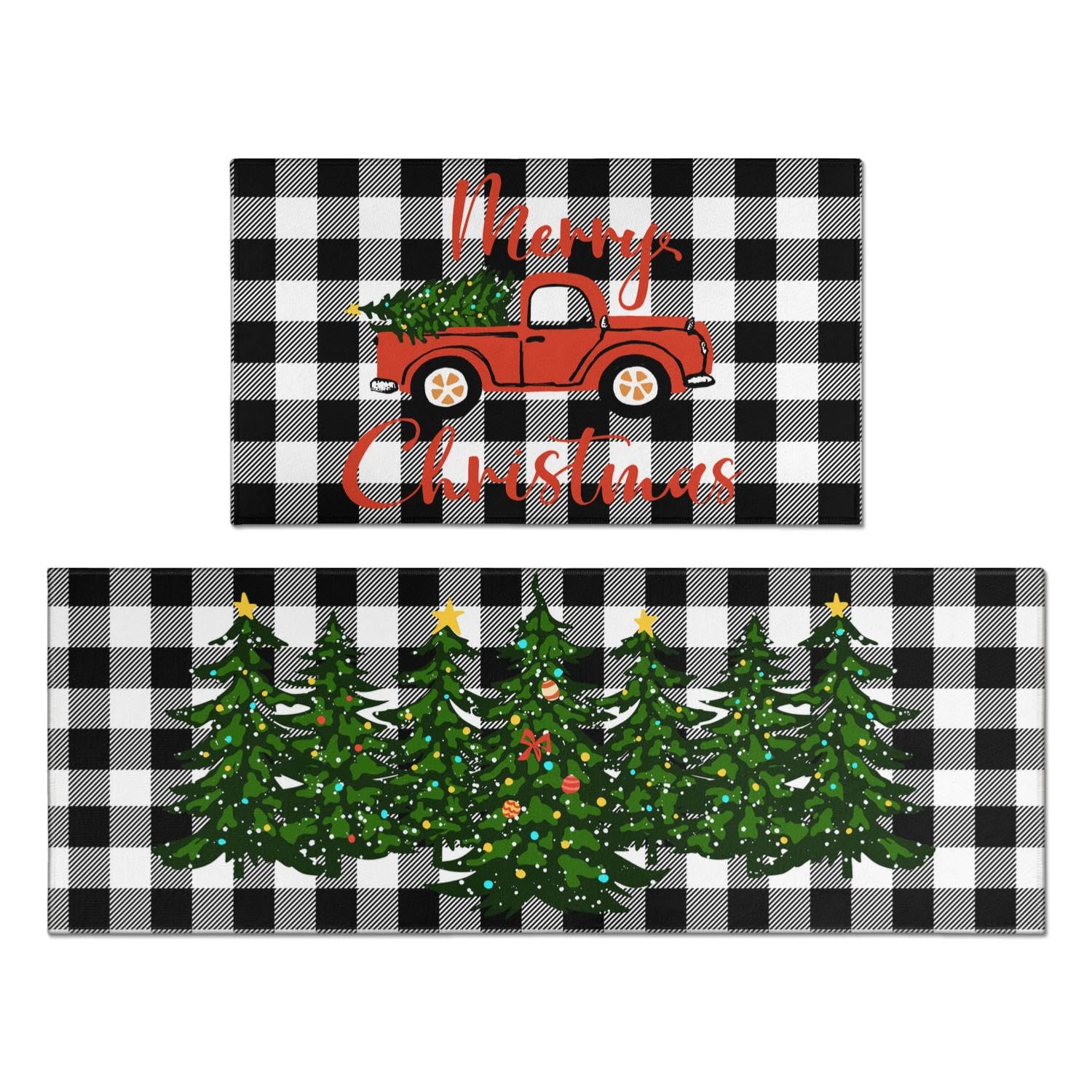 Xsinufn Merry Christmas Kitchen Rugs and Mats Set of 2,Buffalo Plaid Gingerbread Hot Cocoa Xmas Winter Holiday Sink Floor Mat Non Skid Washable for Home Farmhouse Christmas Decor 17"x47"+17"x30"