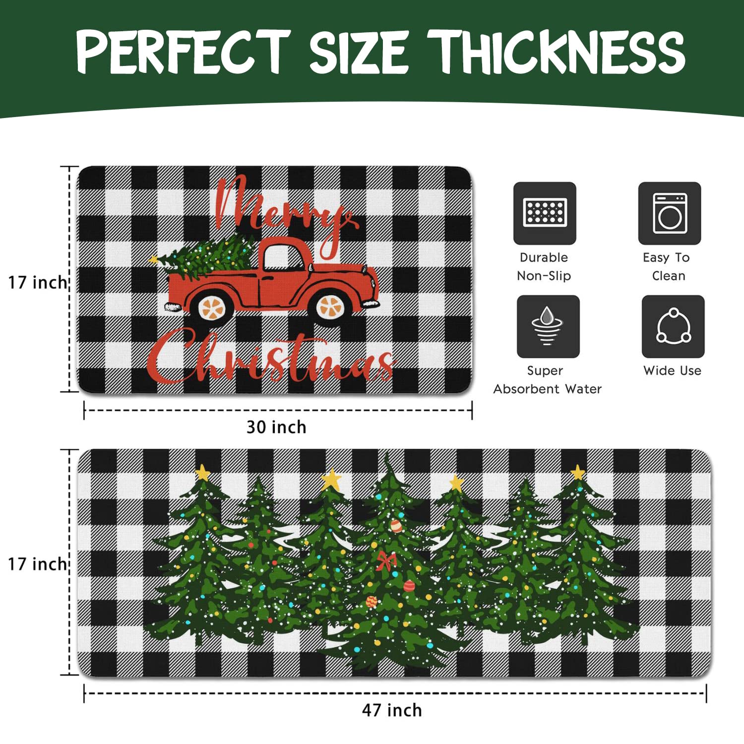 Xsinufn Merry Christmas Kitchen Rugs and Mats Set of 2,Buffalo Plaid Gingerbread Hot Cocoa Xmas Winter Holiday Sink Floor Mat Non Skid Washable for Home Farmhouse Christmas Decor 17"x47"+17"x30"