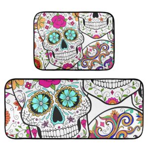 emelivor day dead sugar skulls kitchen rugs and mats set 2 piece non slip washable runner rug set of 2 for kitchen floor home decorative laundry